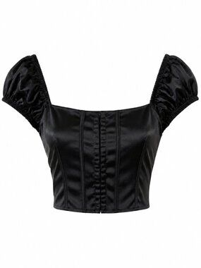 🦋 2/30 Wet Seal Black Satin Puff Sleeve Corset Crop Top Size M